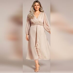 Ever-Pretty Champagne Ever-Ember Twist Knot A-line V-Neck Shimmering Midi Dress